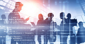 Binary code, digital image with people