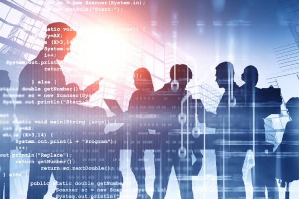 Binary code, digital image with people